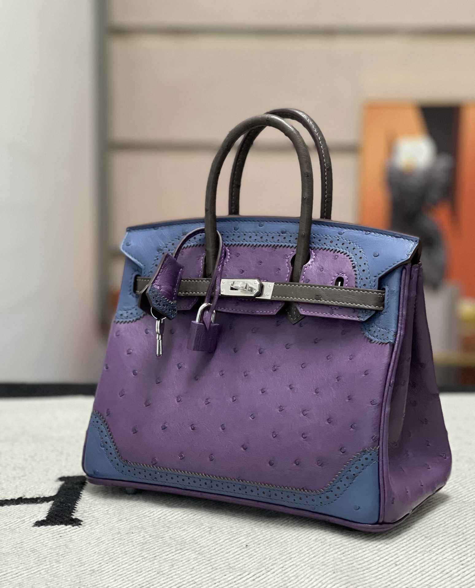 에르메스 버킨백25 퍼플 블루 브라운 은장 타조가죽